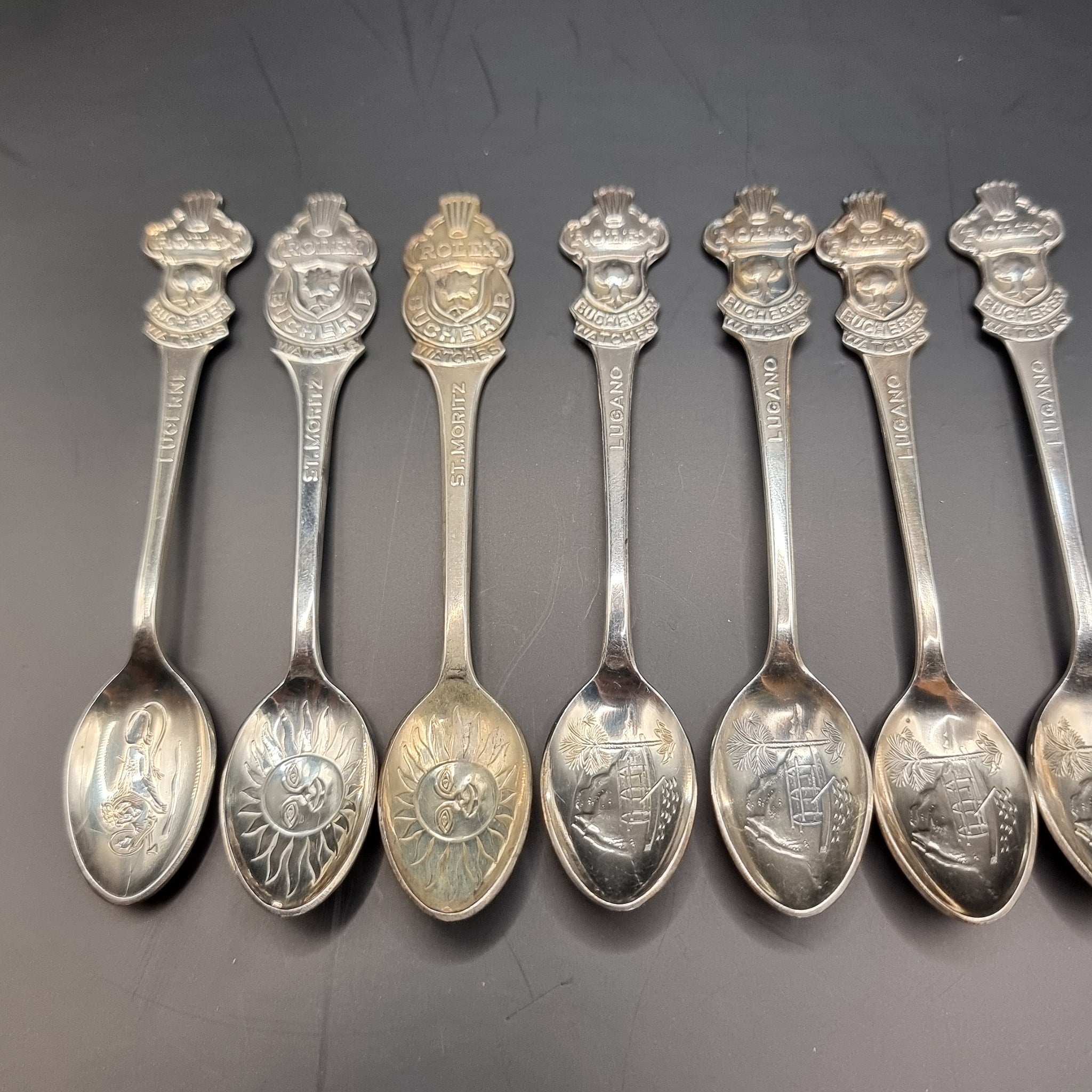 Collection of 10 Vintage Rolex Bucherer Spoons, St Moritz, Lugano, and