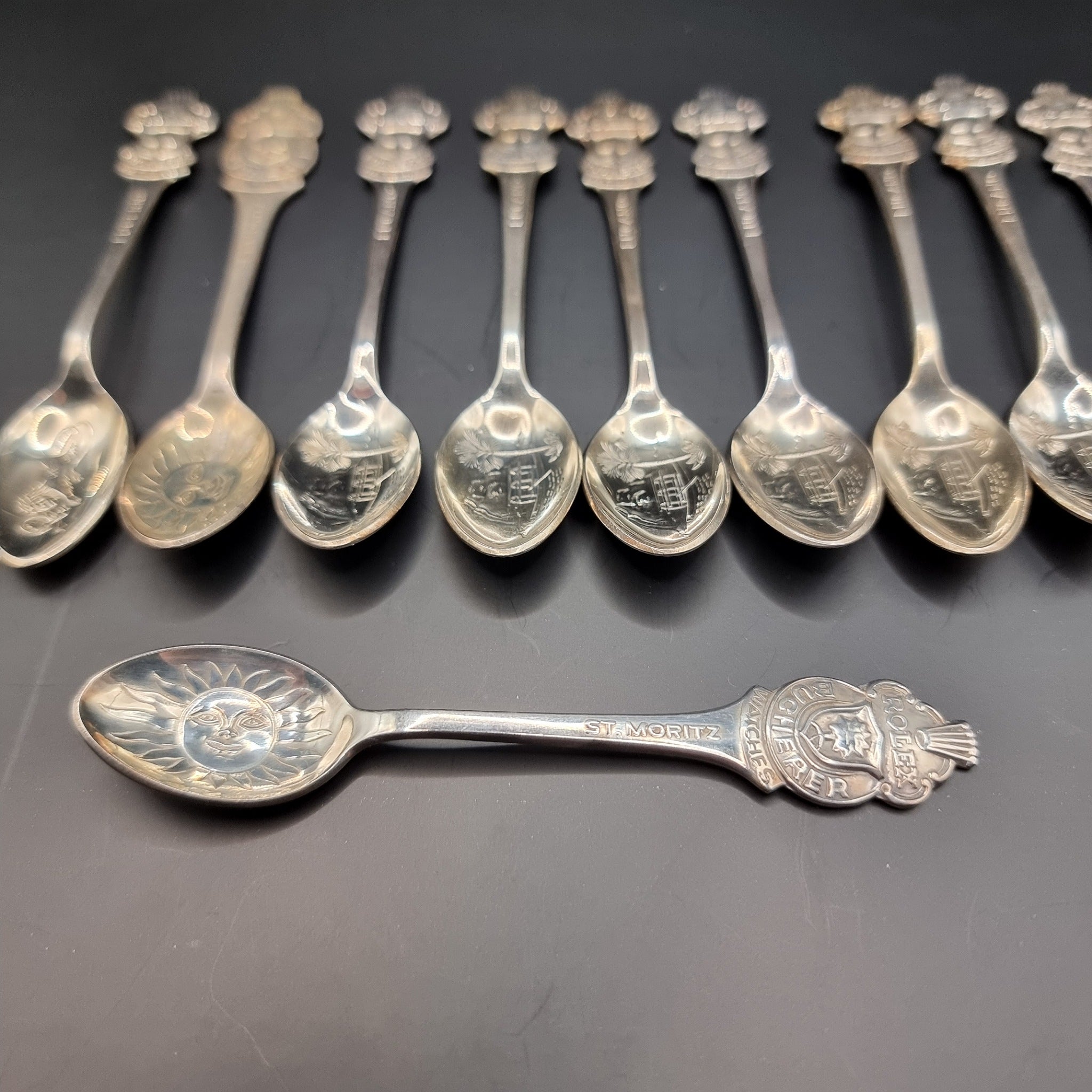 Collection of 10 Vintage Rolex Bucherer Spoons, St Moritz, Lugano, and