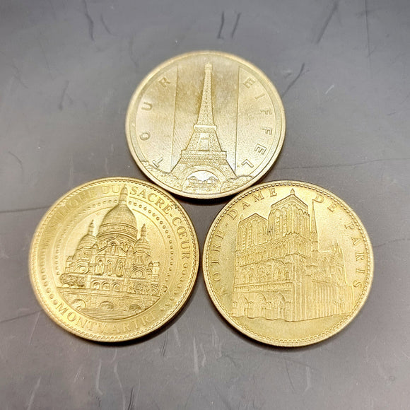 Three 2012 French Souvenir Tourist Tokens, Eiffel Tower, Montmartre, Notre Dame.