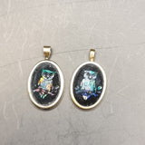Two Antique Gold Opal and Onyx Owl Pendants.
