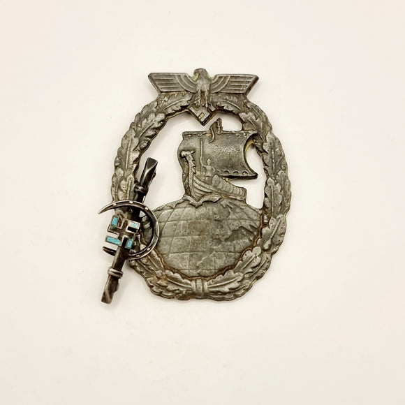 WW2 German Kriegsmarine Auxiliary Crusier War Badge, and Silver Enamel Nazi Brooch