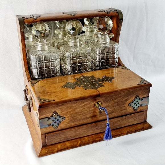 Antique Arts and Crafts Oak Tantalus with Drawer.