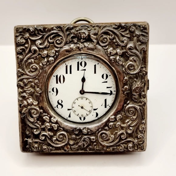 Antique Goliath Pocket Watch, in Silver Mounted Travel case/ Stand.