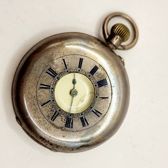 19th Century Swiss Made Half Hunter Enamel and Silver Pocket Watch 0.935 Bear marks
