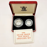 1990 Silver Proof Five Pence Two Coin Set by Royal Mint.