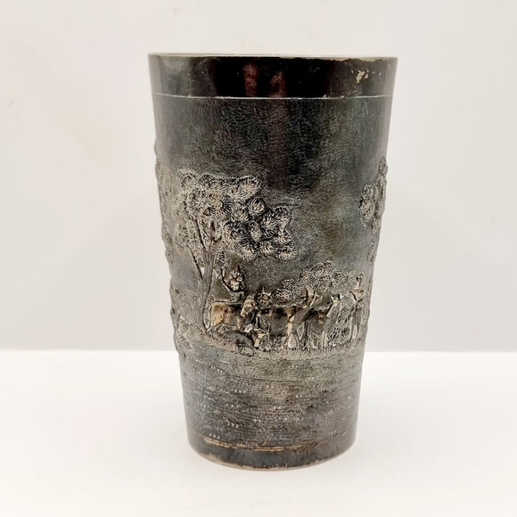 Antique Indian Hindu Silver Beaker Embossed with Dieties and Cows