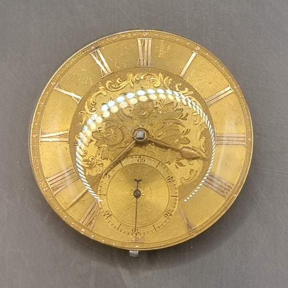 Antique Fusee Demask Engraved Gold Coloured Pocket Watch Movement with Diamond Endstone