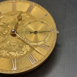 Antique Fusee Demask Engraved Gold Coloured Pocket Watch Movement with Diamond Endstone