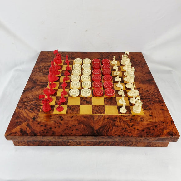 Antique Carved Bone Chess and Draughts Set in a Jaques Style