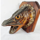 Large Antique Taxidermy Pike Head Mounted onto Oak Board