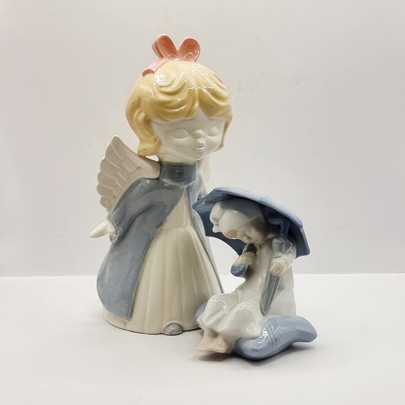 Lladro Style Angel and Boy with Umbrellas Made in Spain