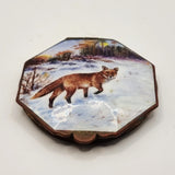 Antique Vintage Enamel Compact Lid of a Fox in Snow
