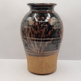 Vintage Studio Pottery Vase with Brown Glaze and Trees