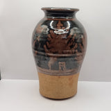 Vintage Studio Pottery Vase with Brown Glaze and Trees
