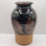 Vintage Studio Pottery Vase with Brown Glaze and Trees