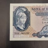 1950s/ 60s Britannia Blue L.K. O'brien Bank of England Five Pound Banknote