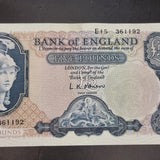 1950s/ 60s Britannia Blue L.K. O'brien Bank of England Five Pound Banknote