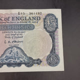 1950s/ 60s Britannia Blue L.K. O'brien Bank of England Five Pound Banknote
