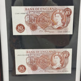 Bank of England 1960 Elizabeth II Ten Shillings (10s) Notes x2 Framed