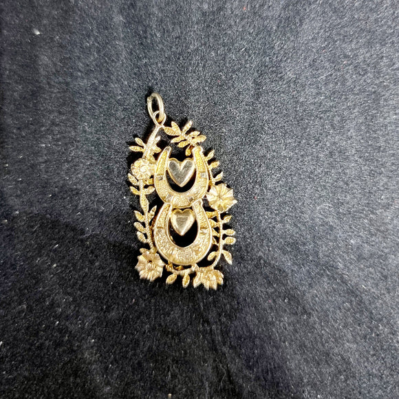 9ct Gold Horse Shoe, hearts and Floral Pendant