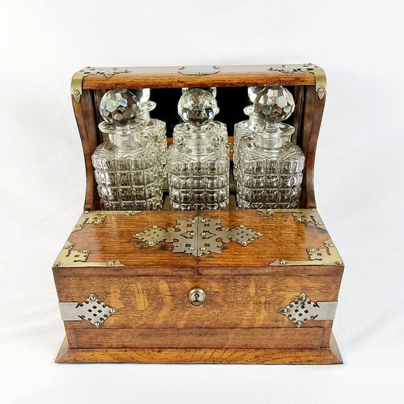 Antique Arts and Crafts  Three Bottled Decanter Oak Tantalus