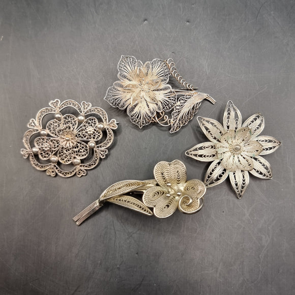 Vintage Collection of Four Silver Floral/ Flower Brooches
