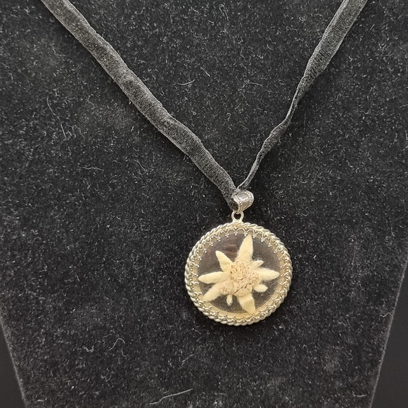 Vintage Fabric Flower in silver Frame Pendant on Velvet Necklace.