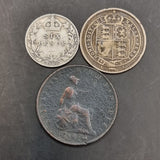 1854 Half Penny, 1887 Jubilee Head Shilling and 1902 Silver Six Pence coins