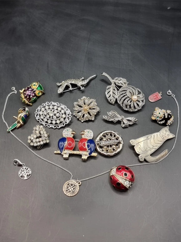 Collection Joblot Costume Jewellery Enamel Marcasite Brooches Pendant Animals