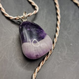 Vintage Healing Stone Polished Amethyst Pendant on Silver Rope Chain