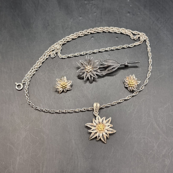Vintage Silver Wire Flower Set Earrings, Pendant and Brooch.