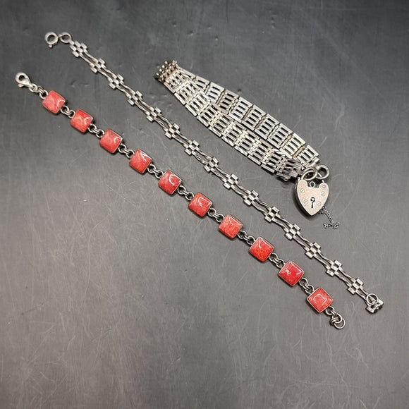 Three Silver Vintage Bracelets. Red Stone. Love Heart Locket Padlock.