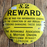 Automobile Association and Motor Union Two Pound Reward enamel advertising sign