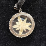 Vintage Fabric Flower in silver Frame Pendant on Velvet Necklace.