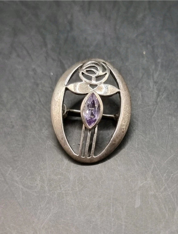 Vintage Kit Heath Amethyst 925 Silver Art Nouveau Brooch