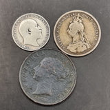 1854 Half Penny, 1887 Jubilee Head Shilling and 1902 Silver Six Pence coins