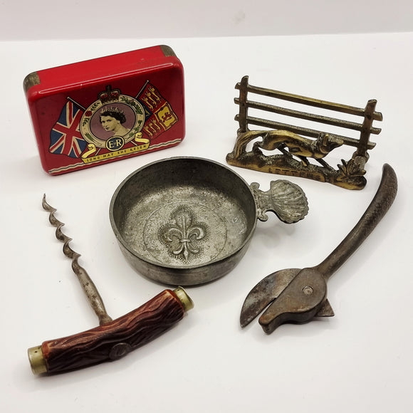 Antique Joblot Collection Tin Opener Corkscrew Letter Rack Wine Sampler Coronation Tin