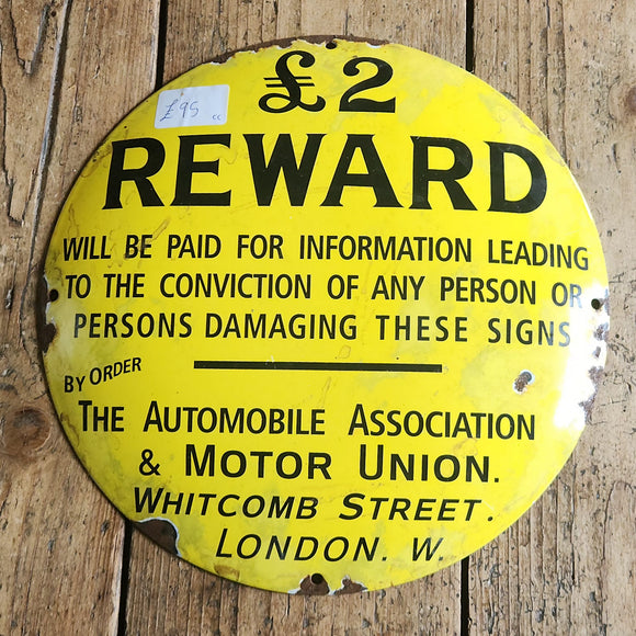 Automobile Association and Motor Union Two Pound Reward enamel advertising sign