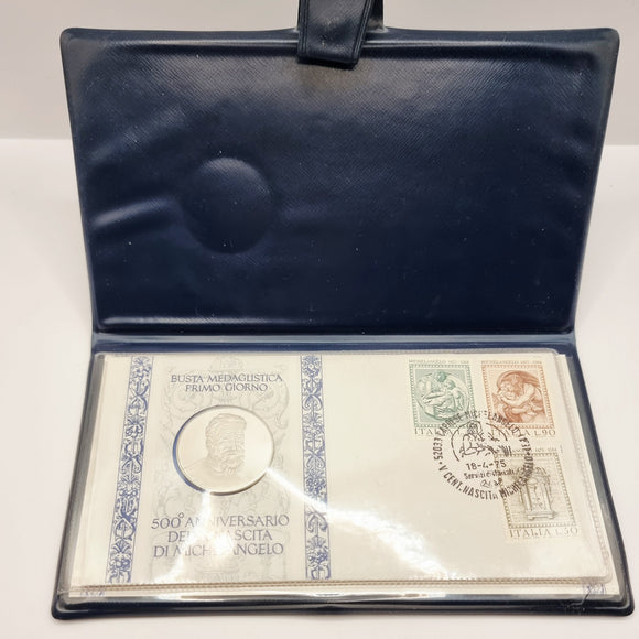 Michelangelo 500th Anniversary Silver Medal and First Day Cover, 1975 Coin