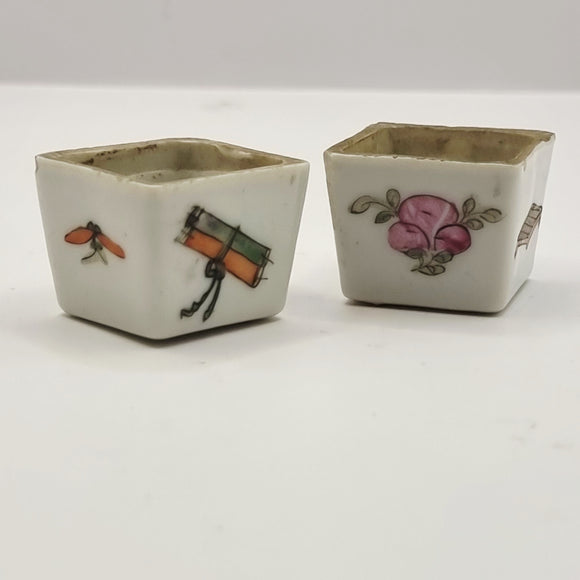 Antique Pair of Cantonese 19th Century Chinese Salt Pots or Bird feeders.