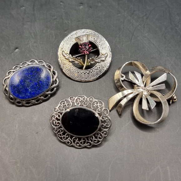 Four Vintage Silver Brooches, Scottish Thistle, Ribbon/Clover and Two Oval Stone