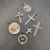 Seven Vintage Silver Pendants, Crosses, Scorpion, 21 and Prayer Hands