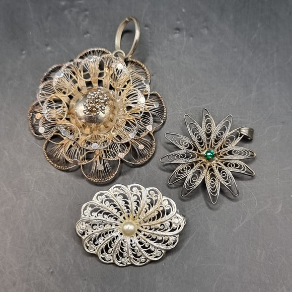 Two Vintage Silver Flower Pendants with a Silver Plated Brooch