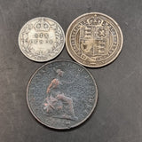1854 Half Penny, 1887 Jubilee Head Shilling and 1902 Silver Six Pence coins