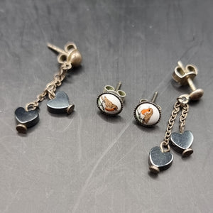 Two Pairs of Vintage Silver Earrings. Robin Stud and Heart Drop