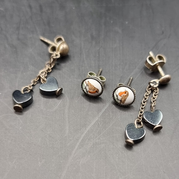 Two Pairs of Vintage Silver Earrings. Robin Stud and Heart Drop