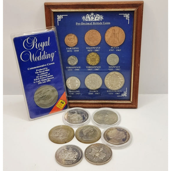 Crowns and £2 coin, with Pre-Decimal British coins Framed