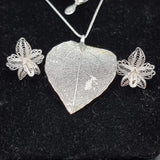 Vintage Silver Flower Wire Earrings with a Silver Plated Leaf Necklace