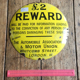 Automobile Association and Motor Union Two Pound Reward enamel advertising sign