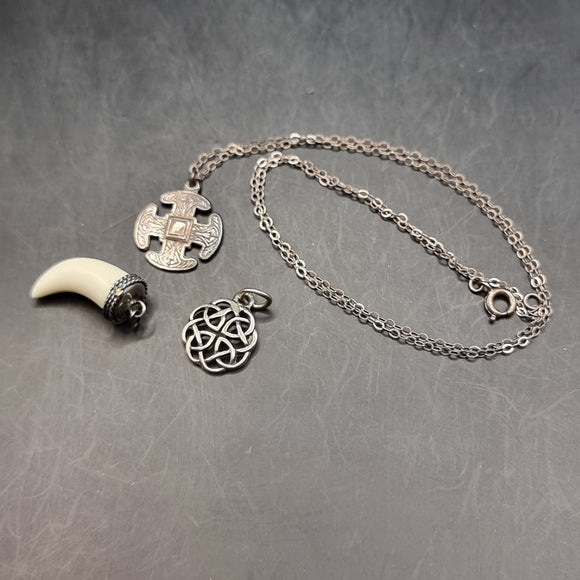 Three Silver Vintage Pendants. Two of Celtic Design, another Tooth Design